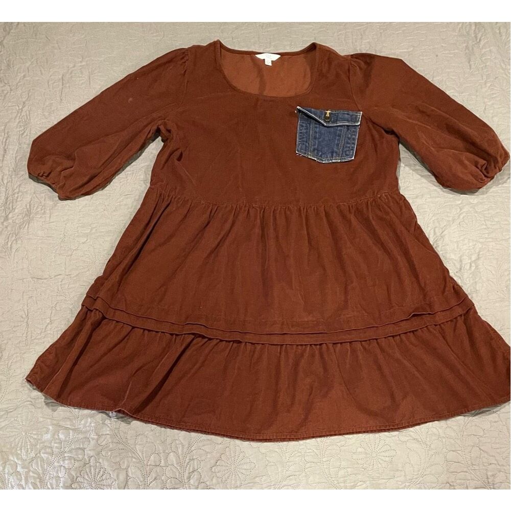 Feelin Groovy Upcycled Corduroy Like Brown Dress Large Denim Pocket